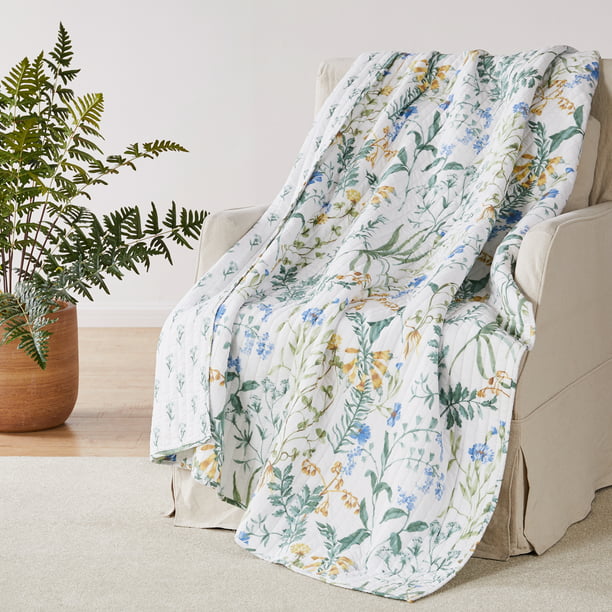Green/Blue Throw Blanket Floral Modern Contemporary Cotton 